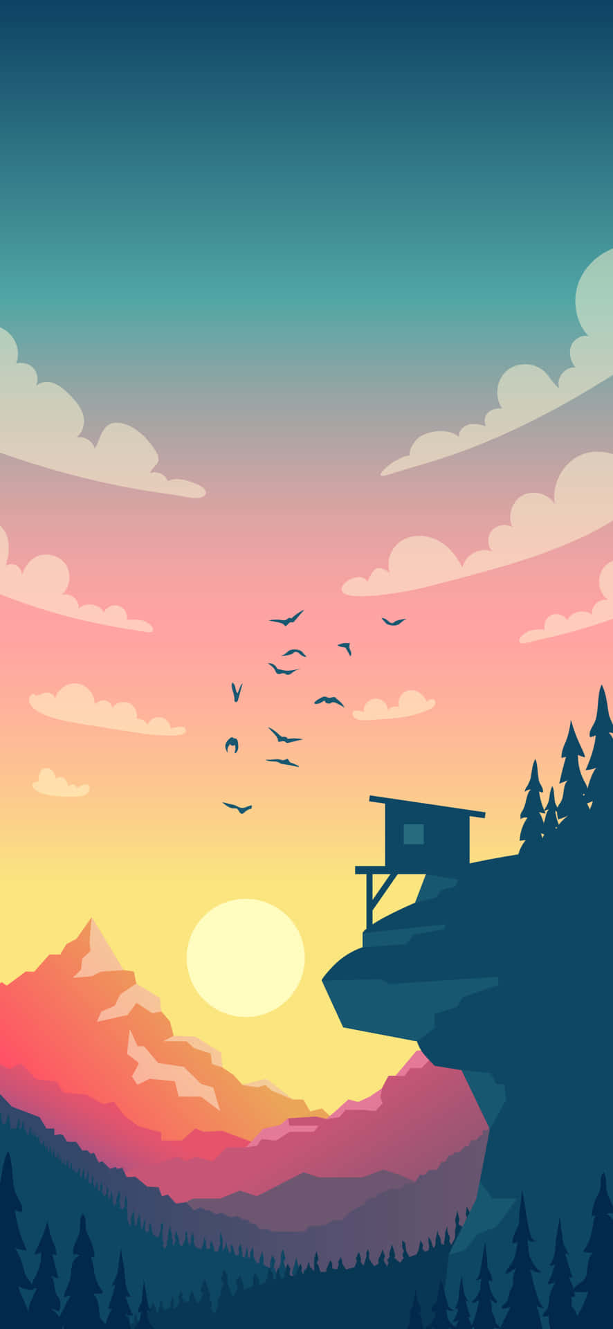 Mountain Sunset Lookout Vector Art Wallpaper
