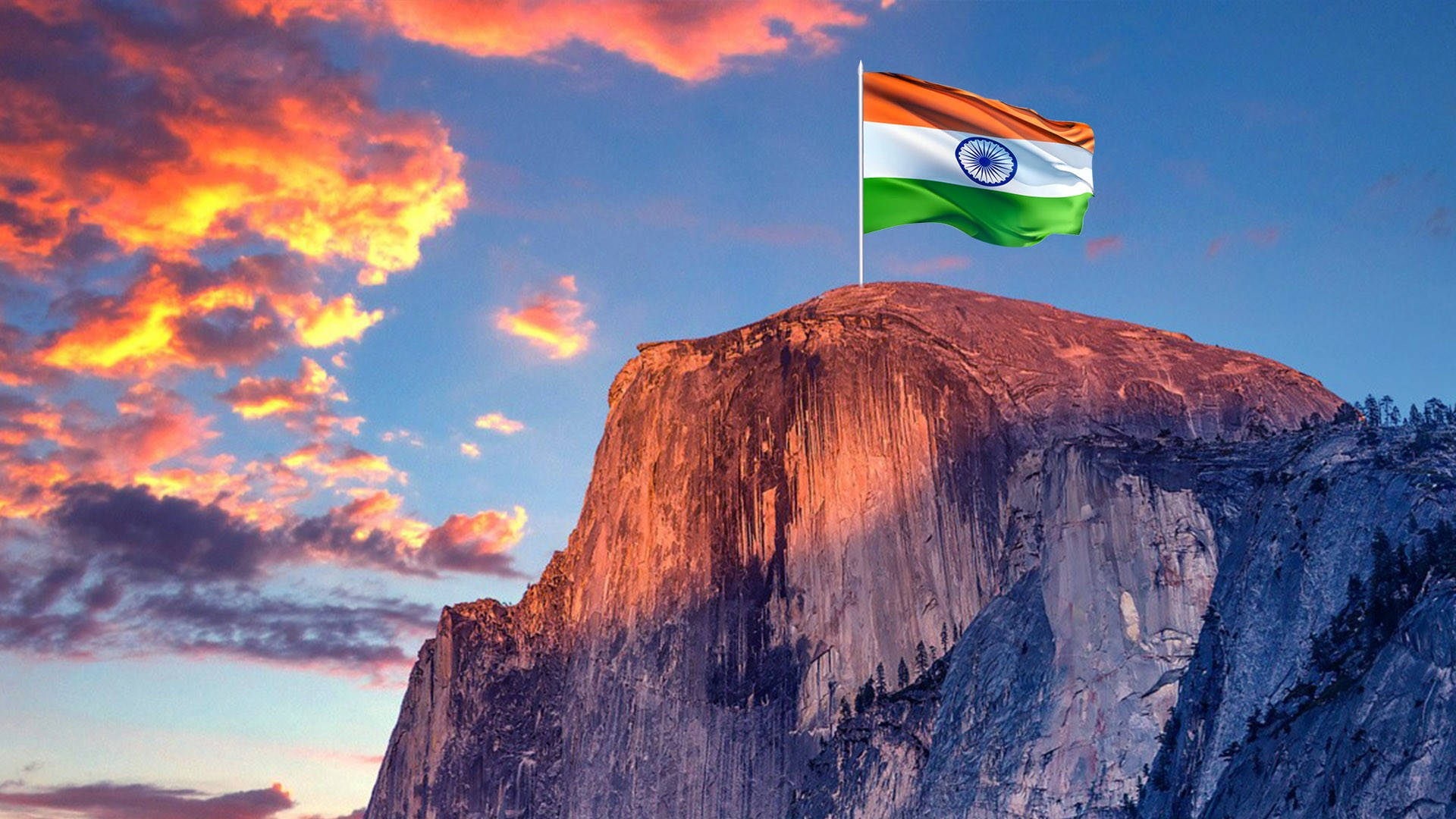 Download Mountain Top With Indian Flag Wallpaper 
