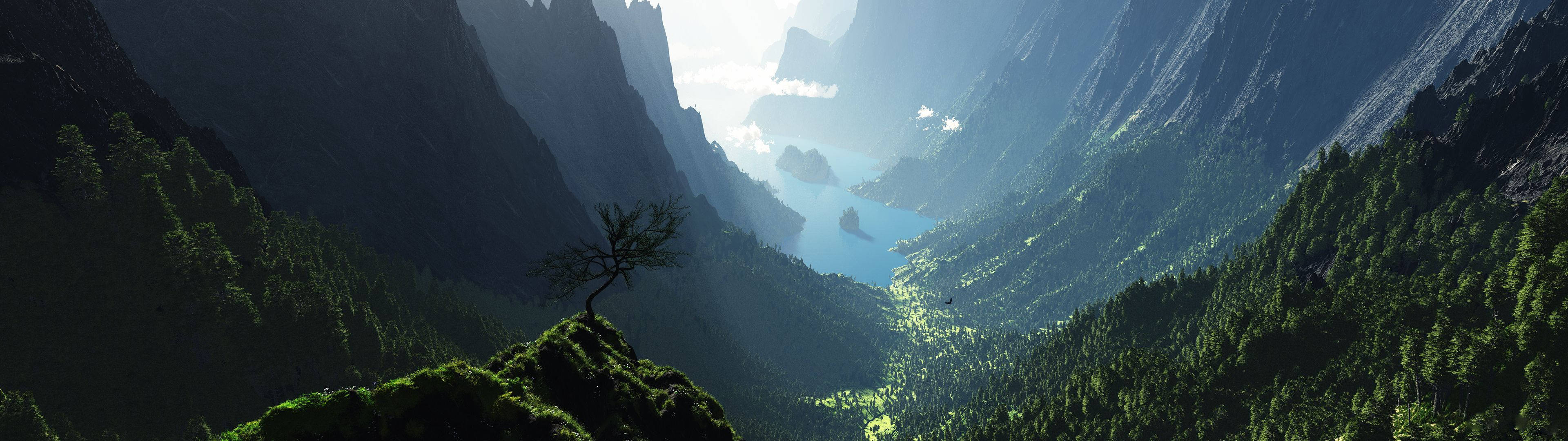 A Beautiful Mountain Valley View From Two Screens Wallpaper