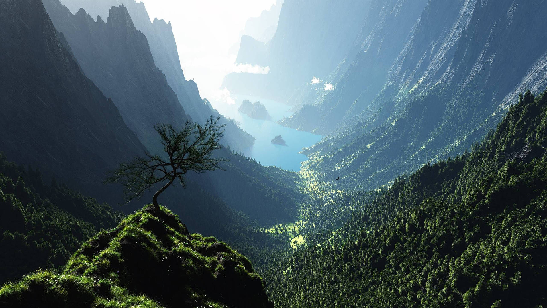 Soaring peaks with a stunning valley-river view Wallpaper