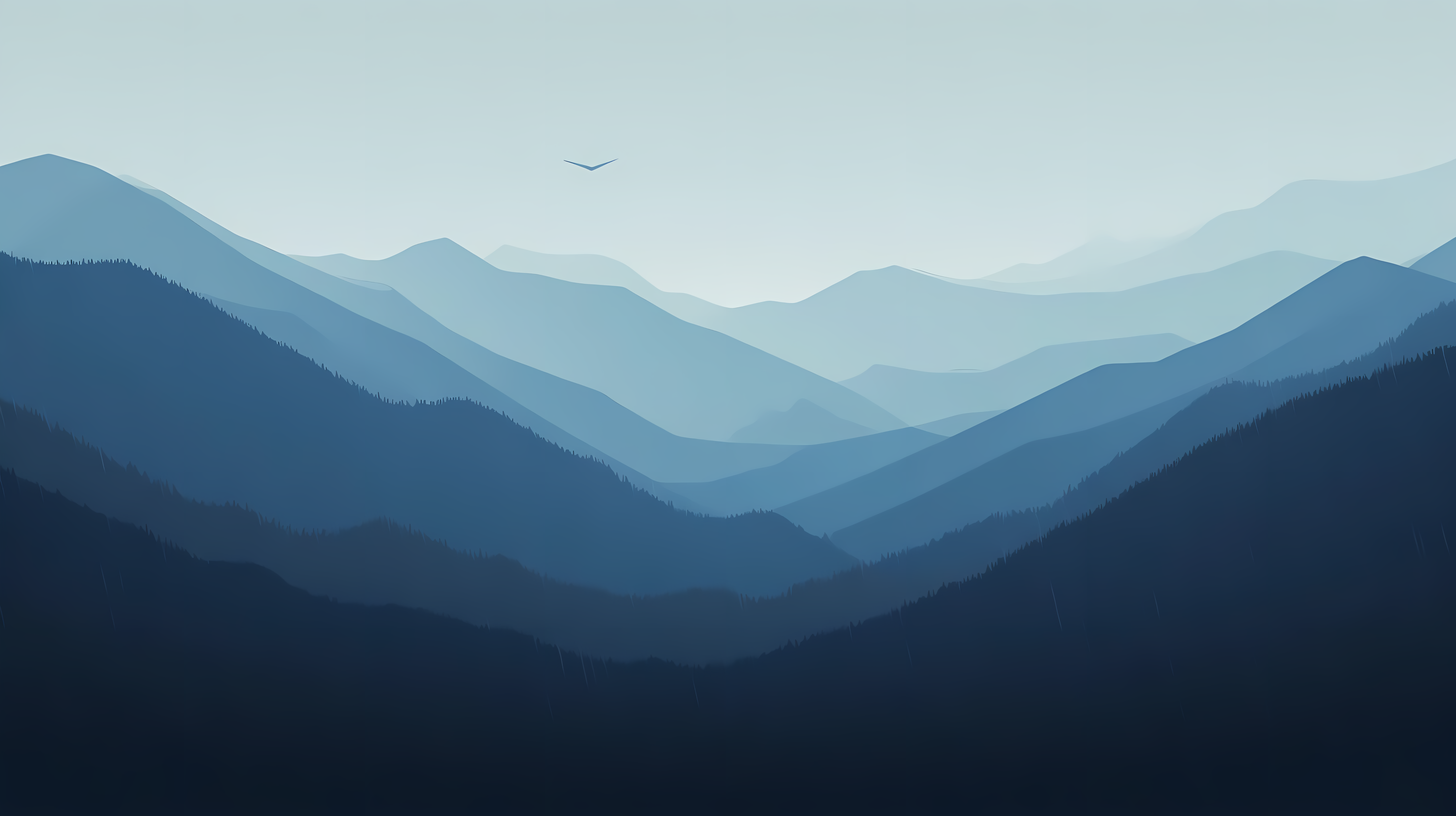 mountains PNG — Layered mountain ranges fade into misty blues under a pale sky with a lone bird soaring above.