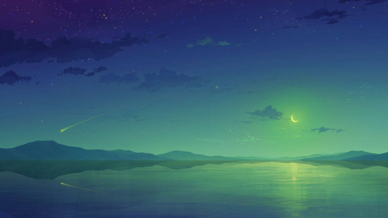 Bjerge og sø Anime Nat Sky Tapet Wallpaper
