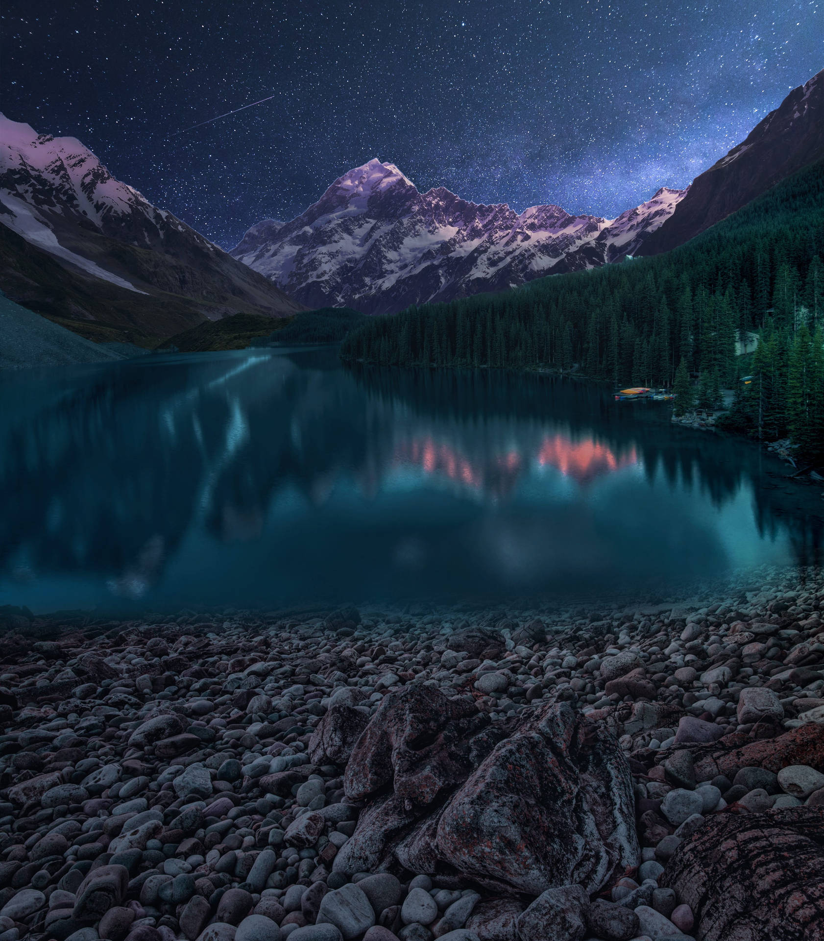 Montañasy Lago Estrellado En Paisaje Del Iphone. Fondo de pantalla