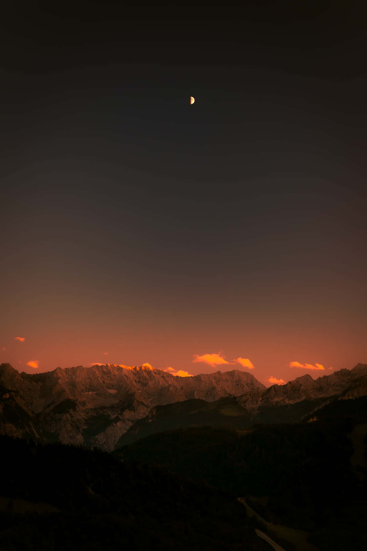 Mountains Sunset With Moon Sky Wallpaper