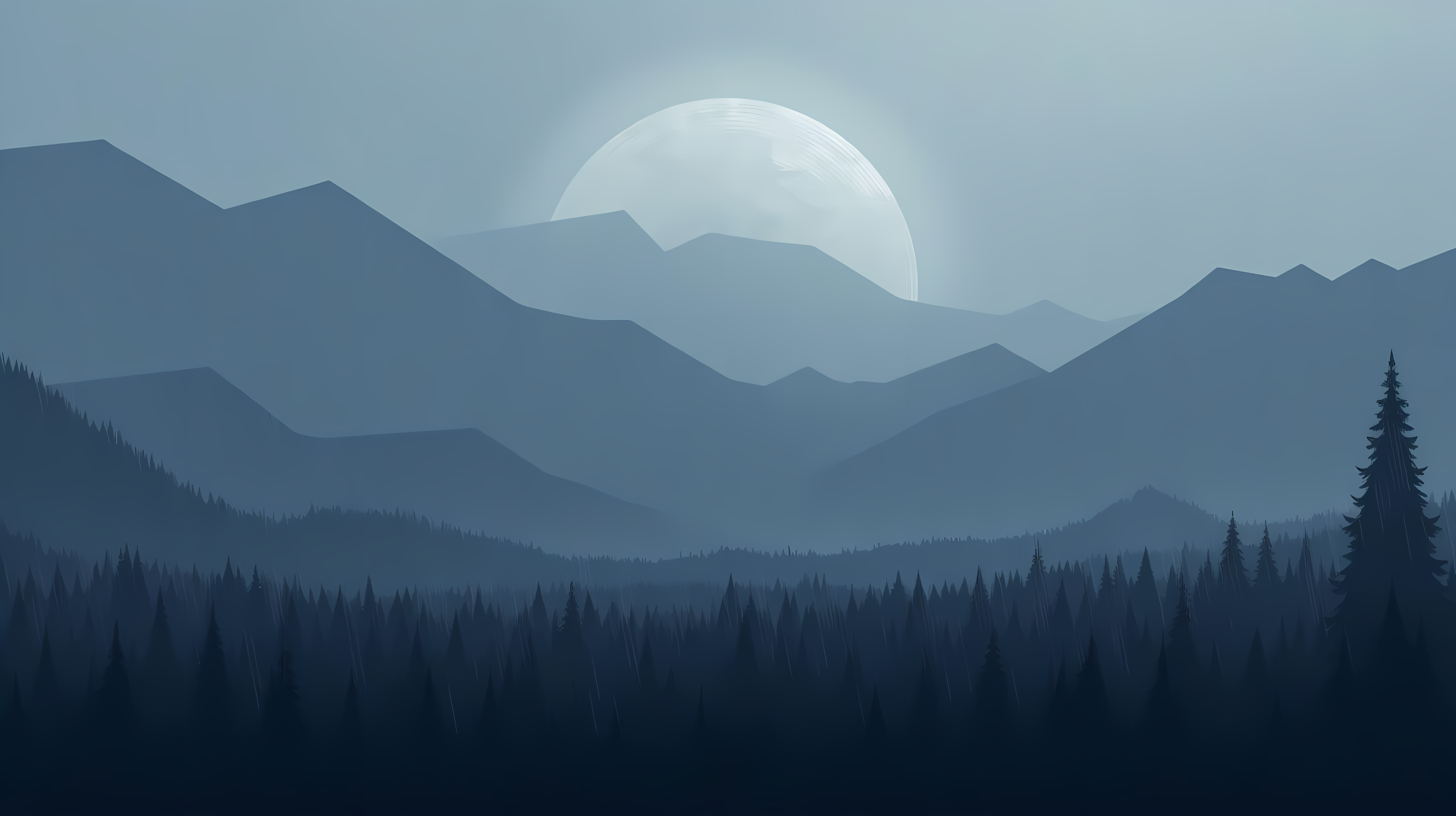 mountains PNG — A serene moonlit mountain range with layered peaks and dense pine forests under a hazy twilight sky.