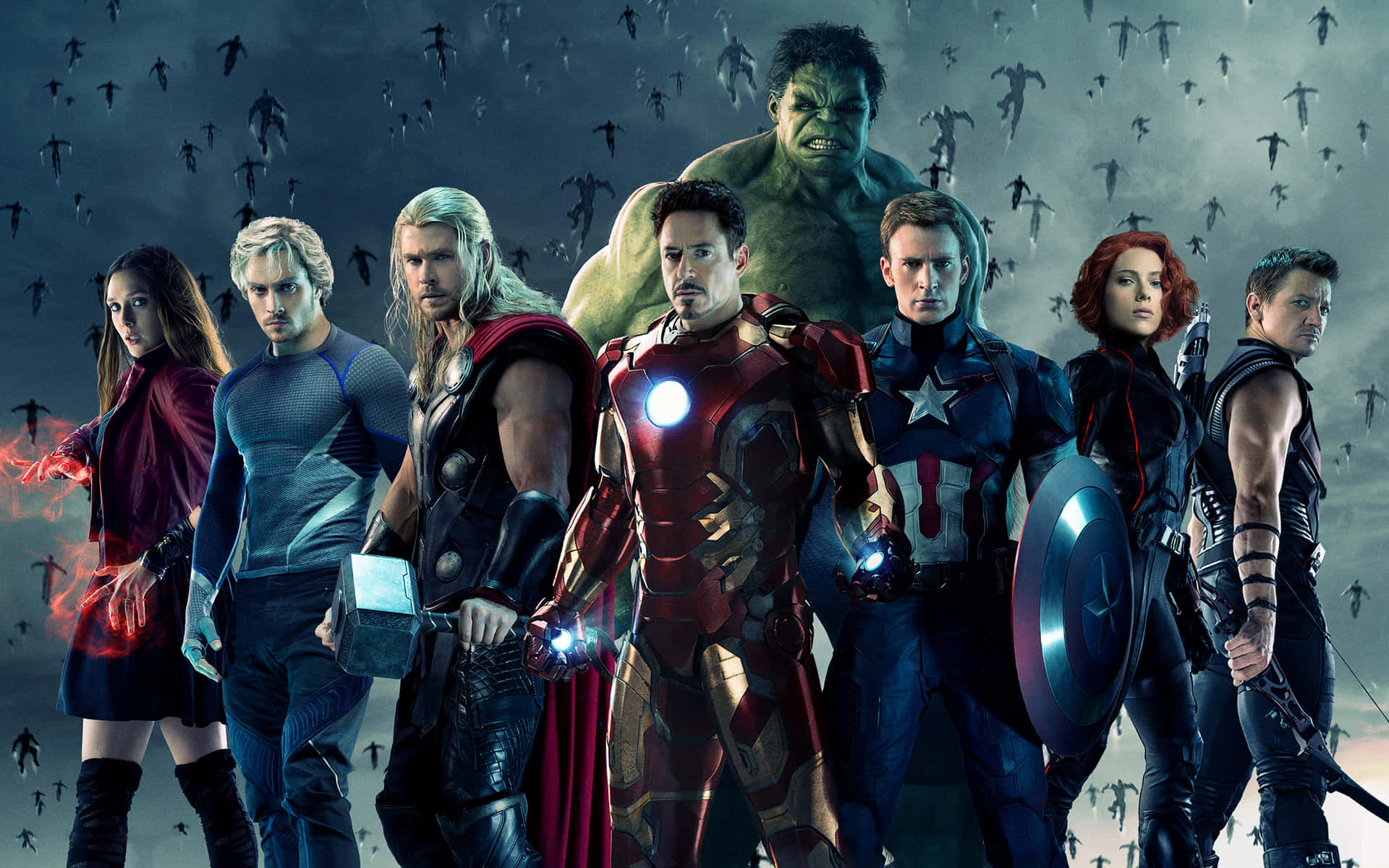 Avengers Characters Standing In Front Of A Large Background