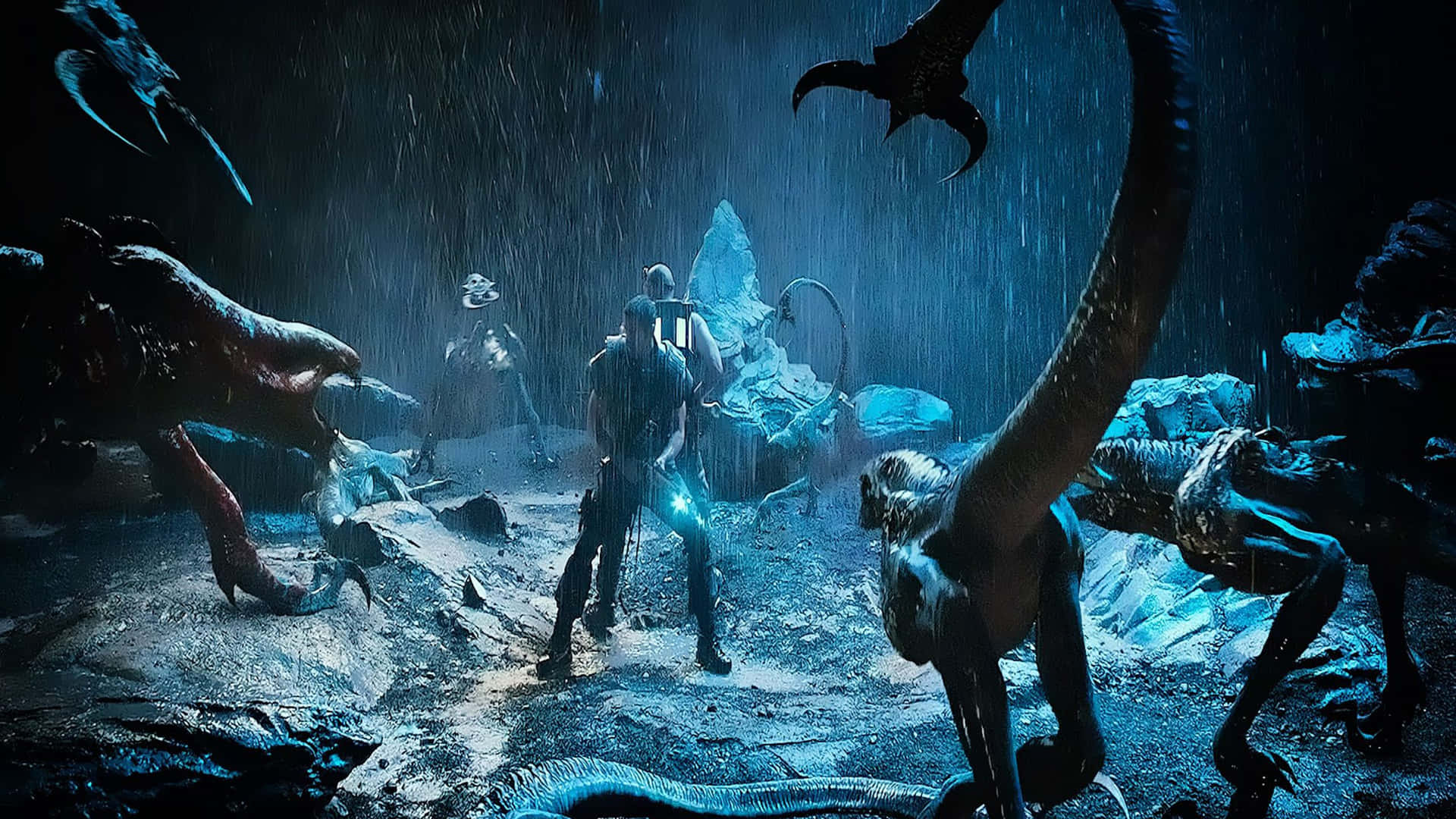 A Man Is Standing In A Dark Cave With A Lot Of Dinosaurs
