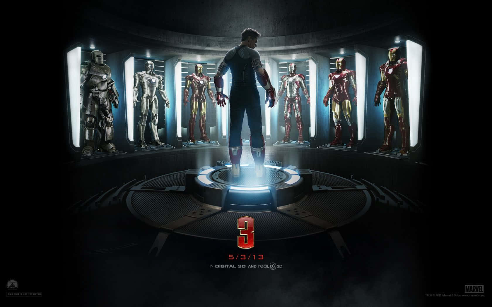 Et Iron Man 3 plakat med figurerne stående foran et mørkt rum