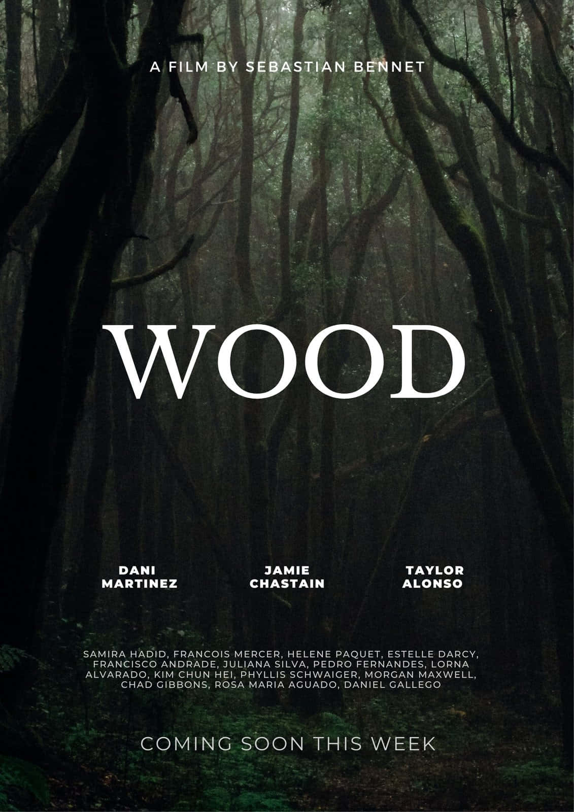 Træfilmplakat med ord kommende denne uge