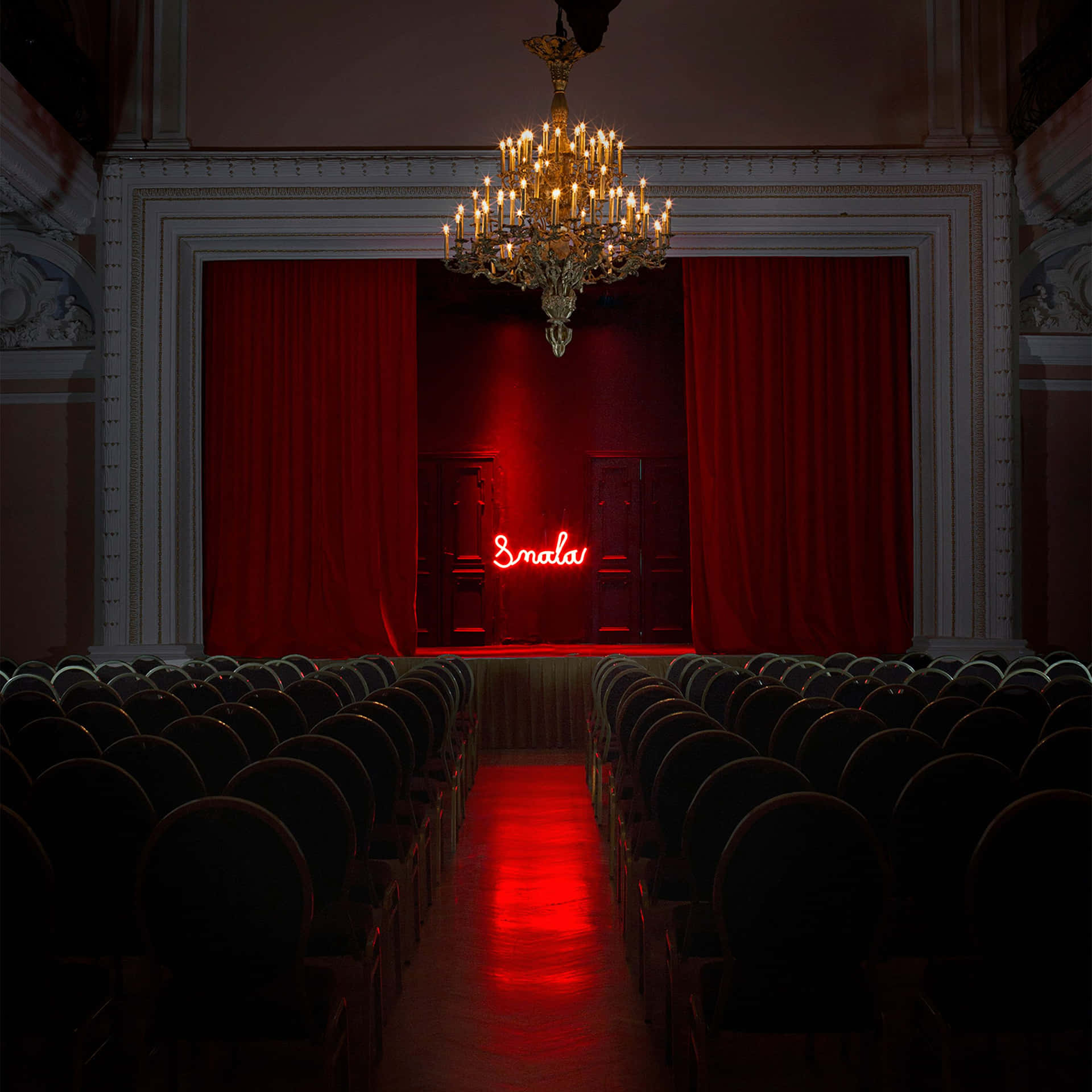 Red Curtains With Golden Chandelier Movie Theater Background