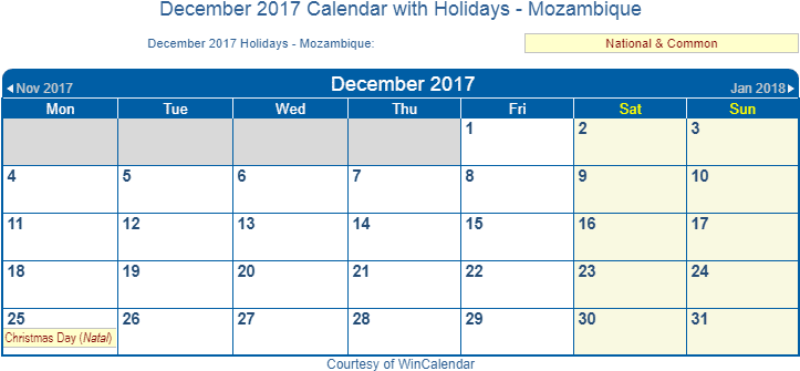 Mozambique December2017 Calendarwith Holidays PNG