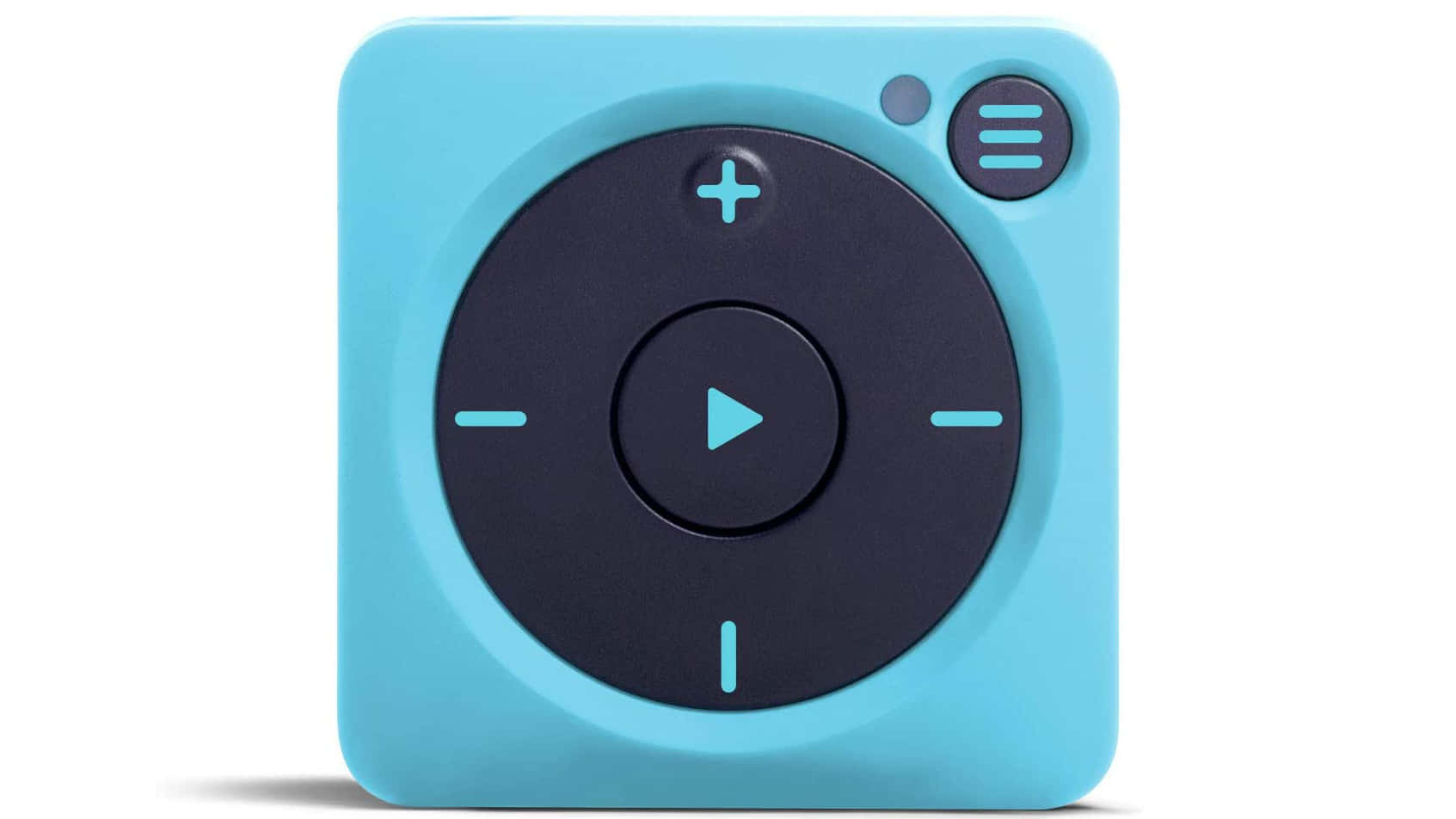 a blue mp3 player with a button on it