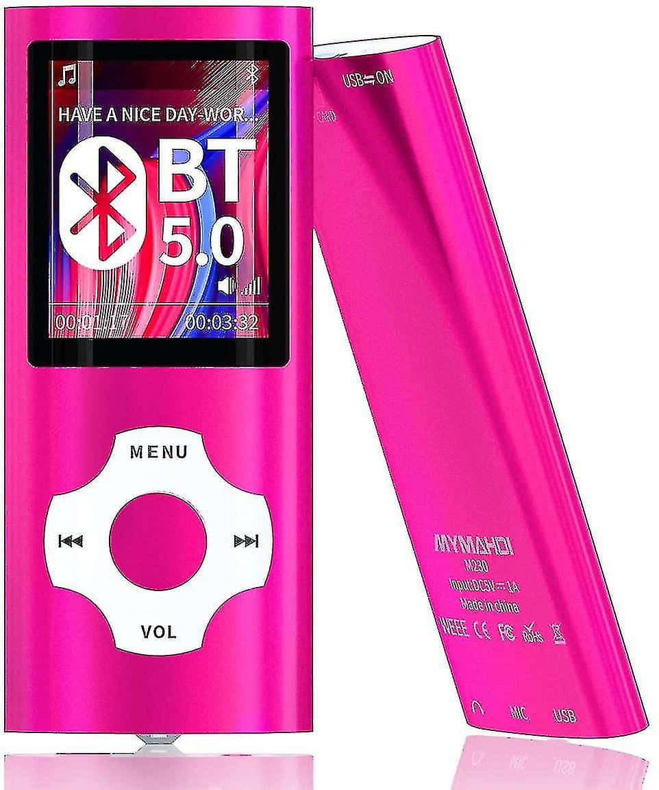 a pink mp3 player with a pink screen