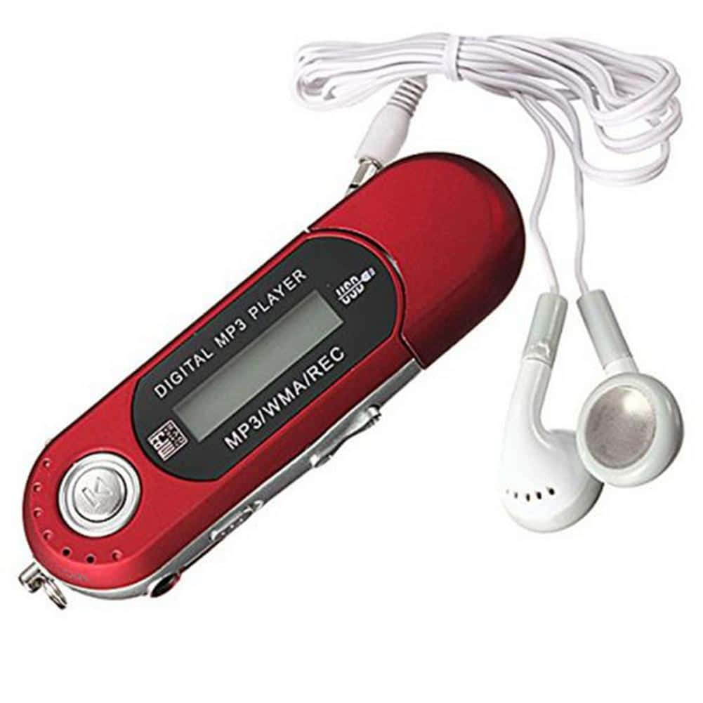 a red mp3 player with earphones attached