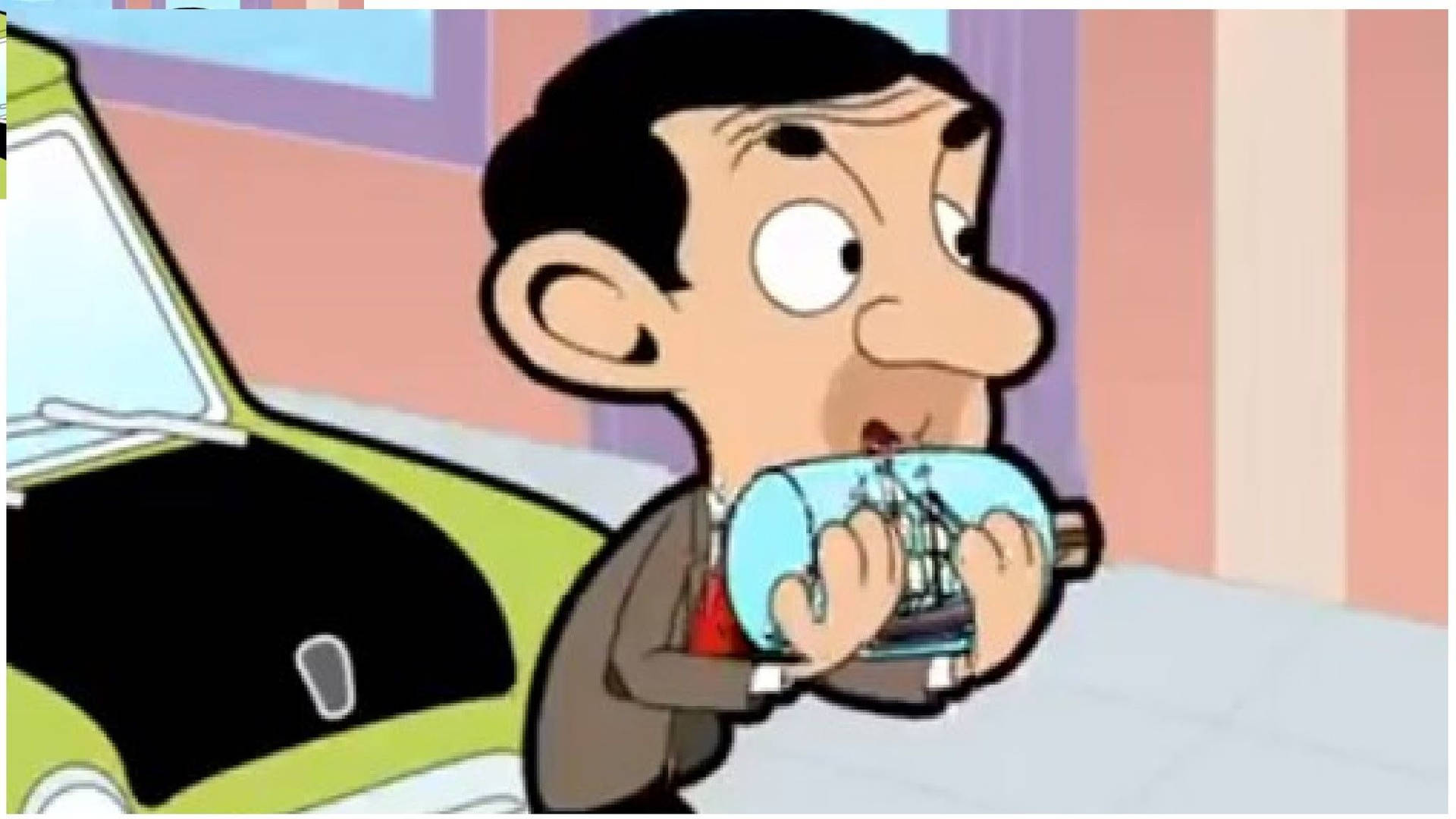 Mr Bean Cartoon Holding Glass Ship