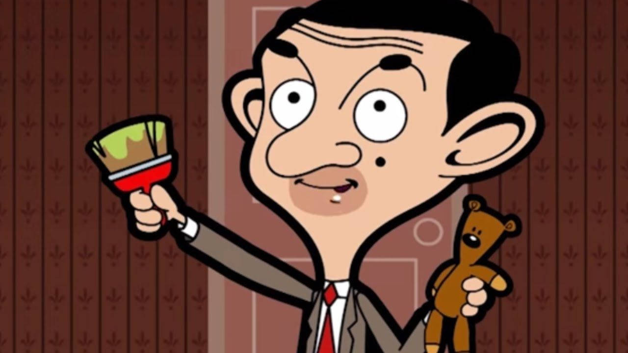 Mr. Bean Cartoon Holding Paintbrush And Teddy Background