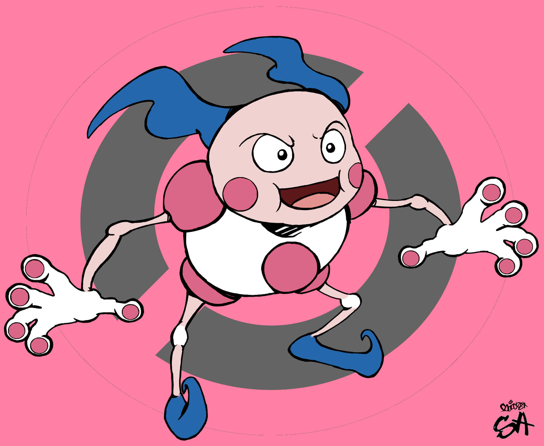 Mr. Mime showing off its magical abilities on a vibrant pink background Wallpaper