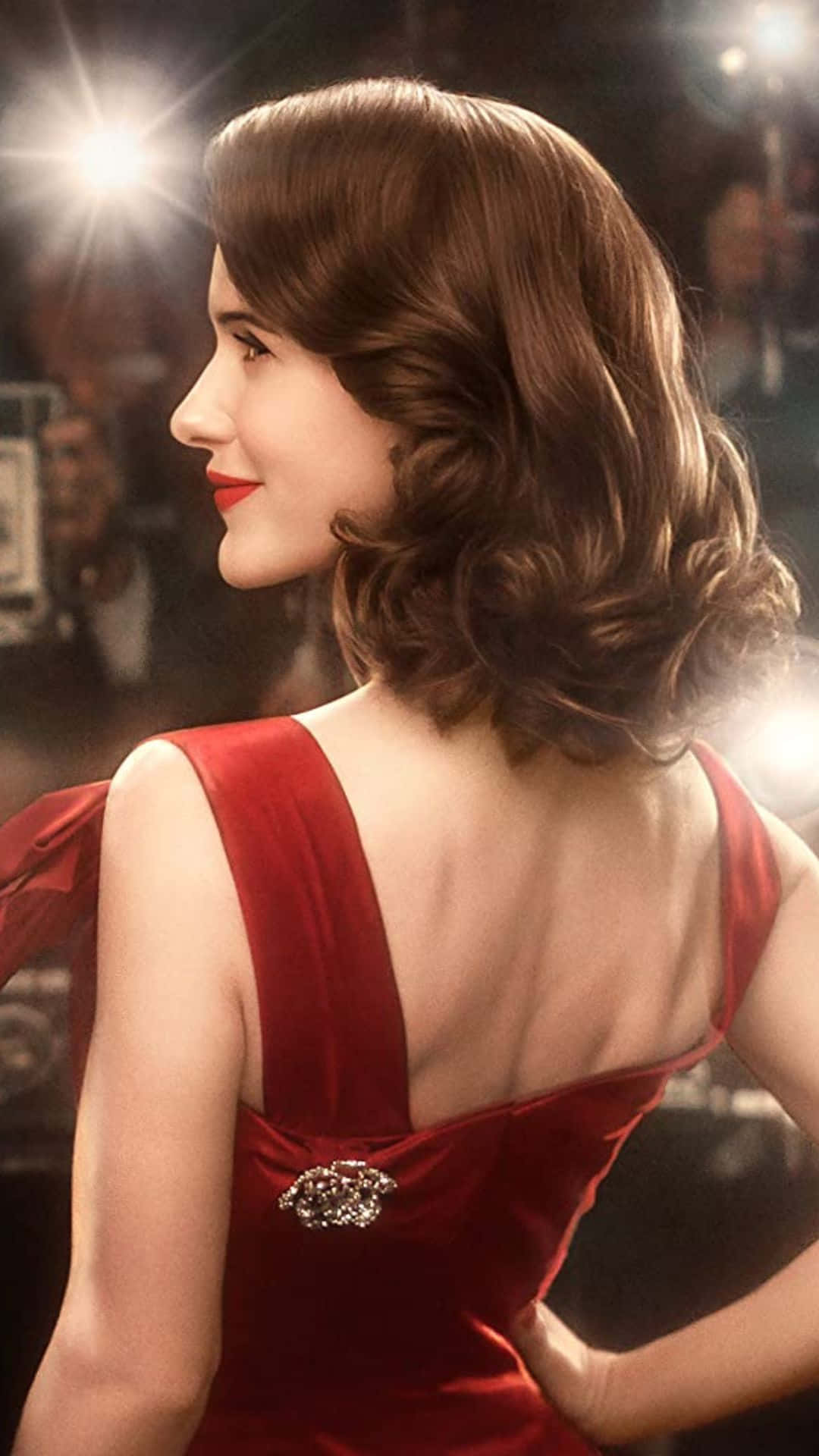 Mrs. Maisel On Stage With Her Flawless Vintage Attire Wallpaper