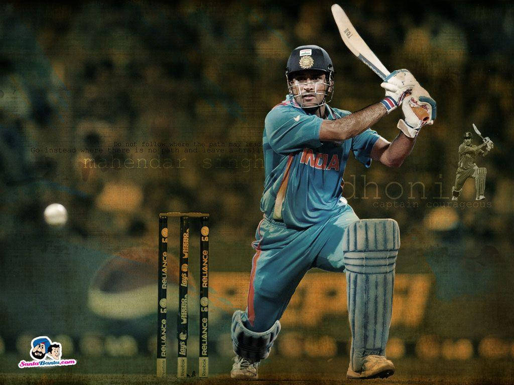Download Ms Dhoni Forward Stance Batting Wallpaper | Wallpapers.com