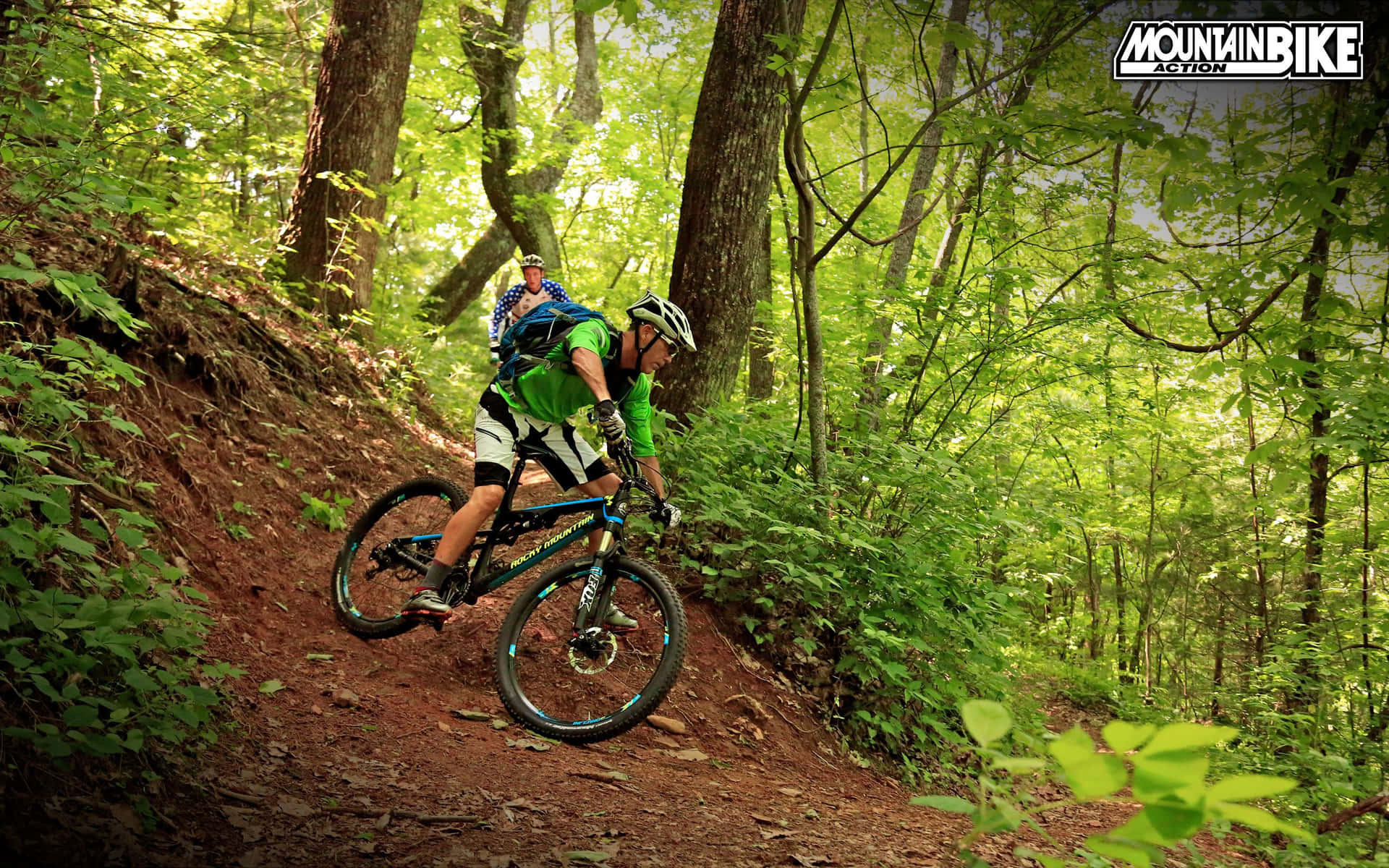 Mountain biker riding through forest trails in stunning landscape