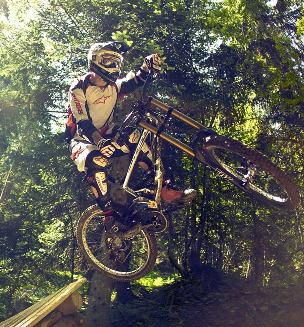 Mtb Bike Jump Stunt In Forest Wallpaper
