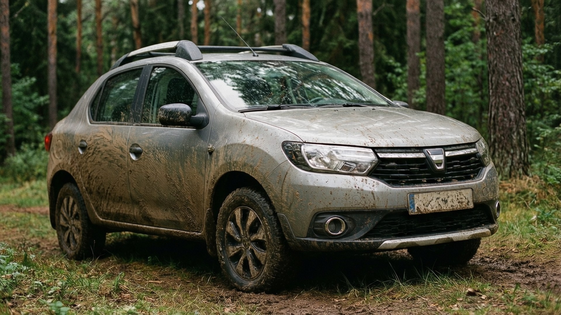 A mud-covered Dacia Logan in a forest.