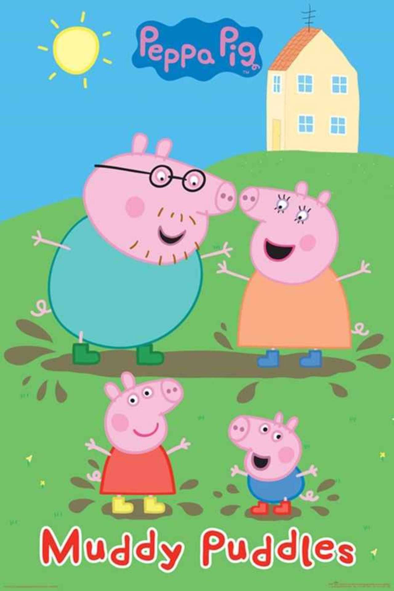 Peppa Pig and her friends playing in a muddy puddle Wallpaper