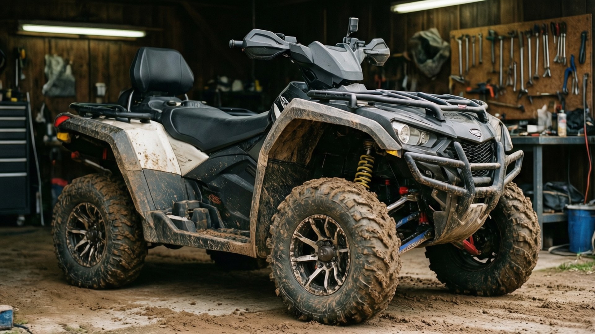 Can Am Outlander 1000 XT-P covered in mud, parked in a garage, workshop atmosphere.