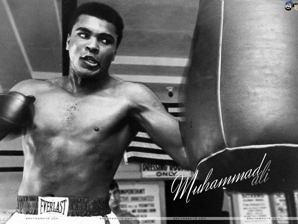 Muhammad Ali punching a sandbag, exercising during his prime Wallpaper