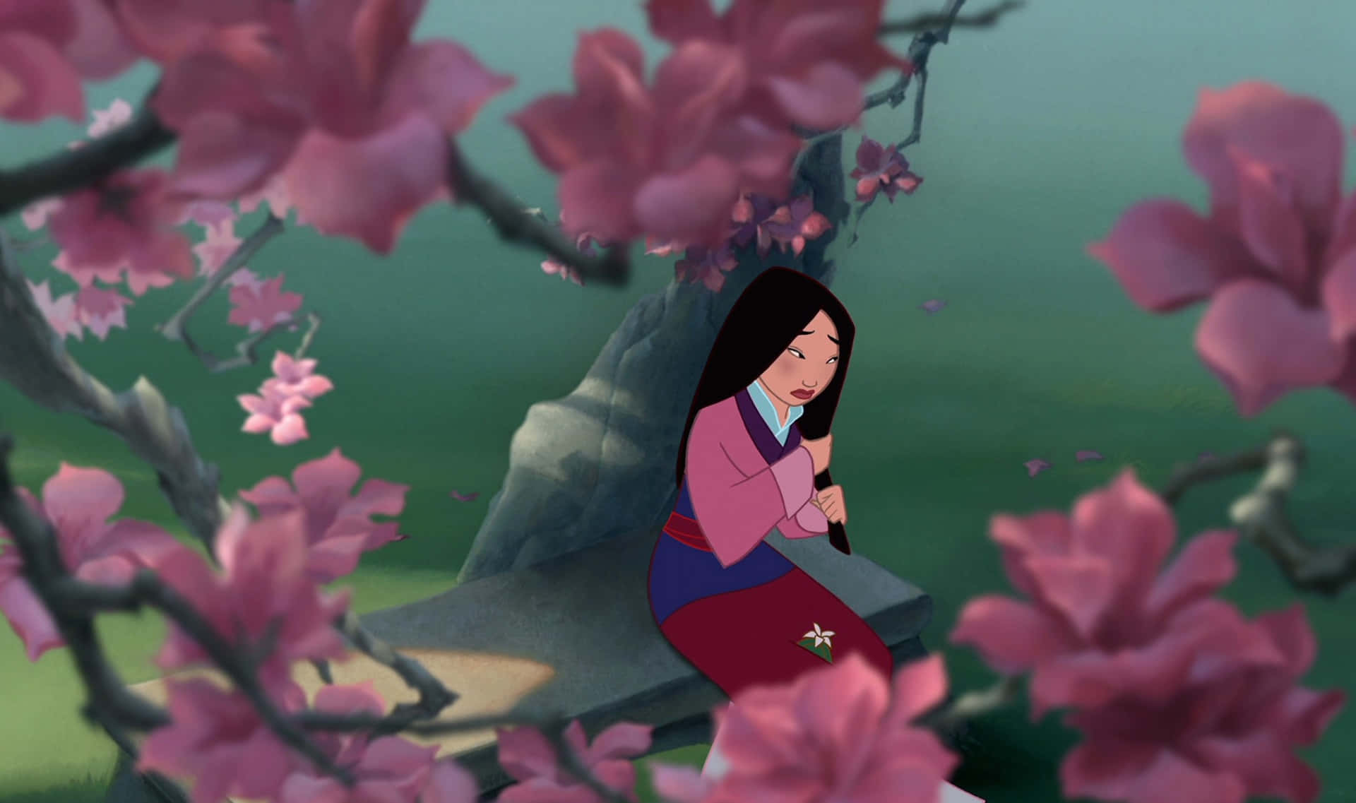 Mulan In The Forest With Pink Flowers