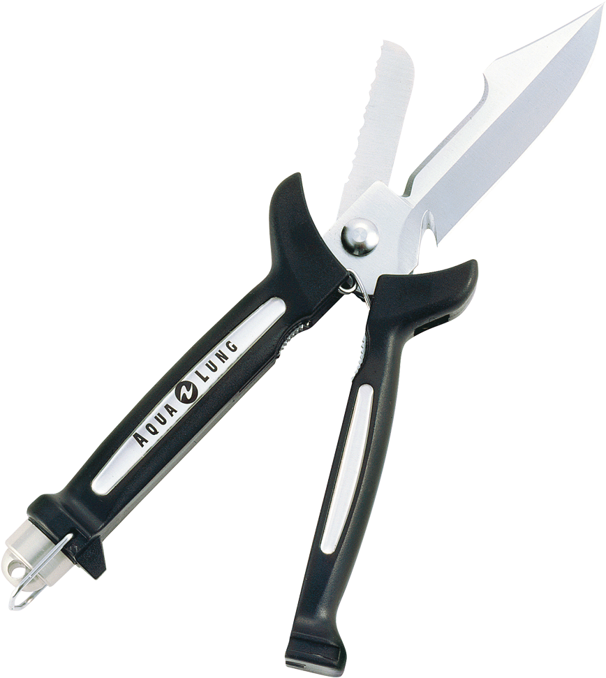Multi Function Diving Shears Tool PNG — Aqua Lung brand underwater scissors with black handles and silver blades against a stark black background.