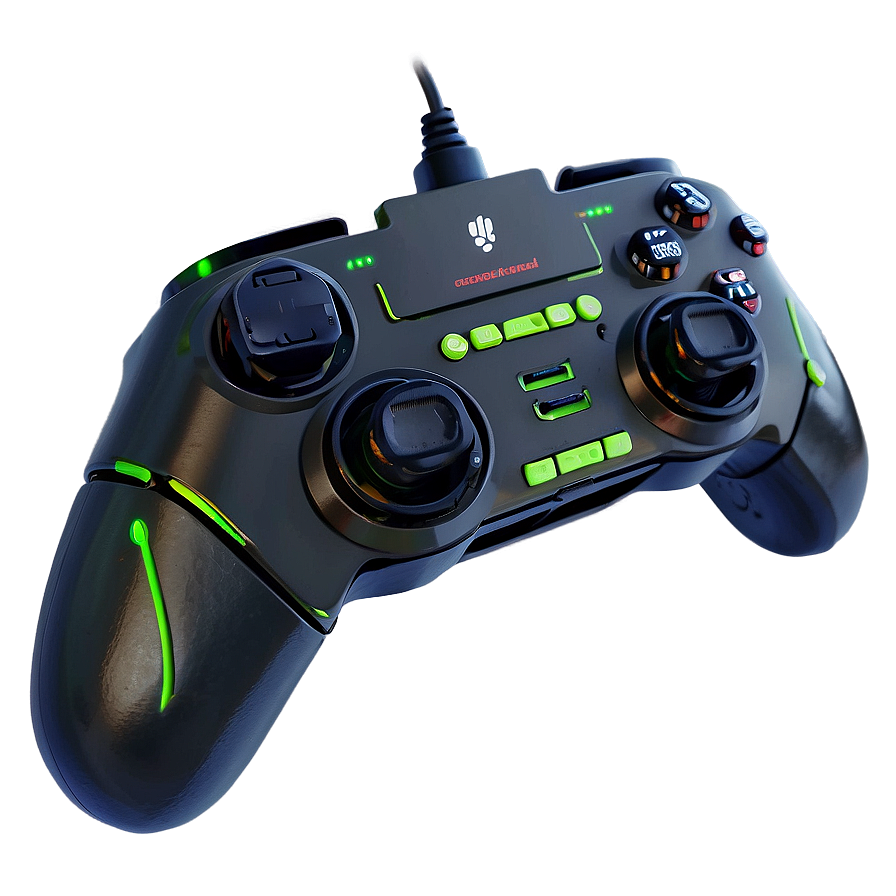 Multi-Function Gaming Controller PNG dyv15 PNG — A sleek black gaming controller with glowing green accents and illuminated buttons against a dark gradient background.