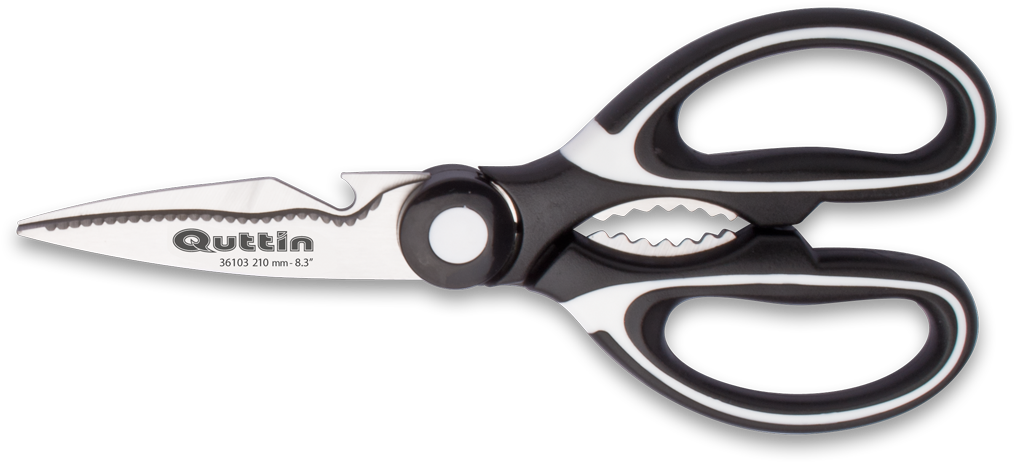 Multi Function Kitchen Scissors PNG — A pair of black and white Quttin brand scissors with serrated blades and ergonomic handles against a stark black background.