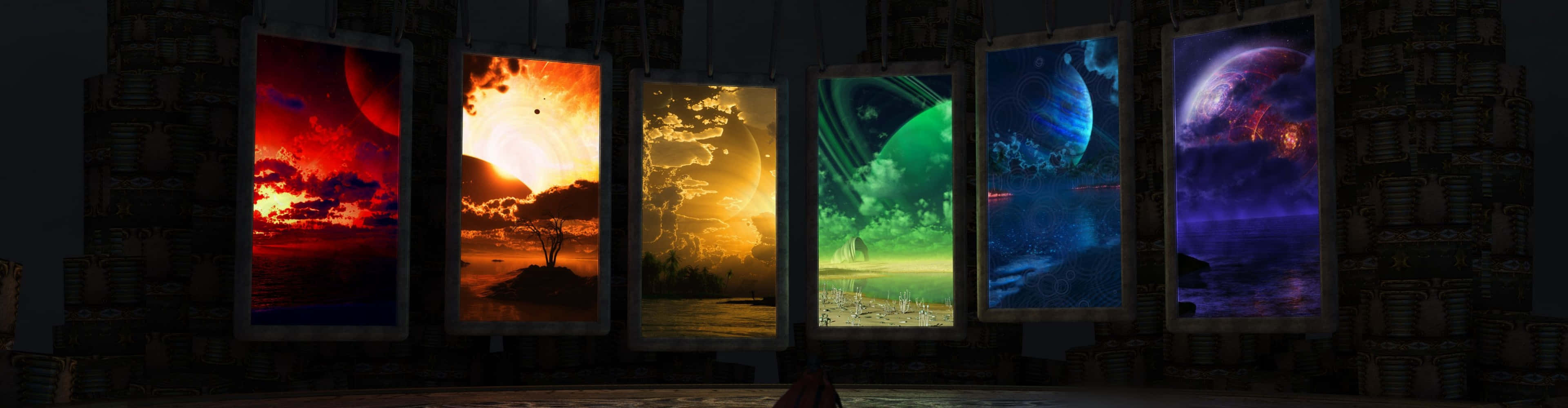 A Large Group Of Colorful Images Hanging In A Dark Room Wallpaper