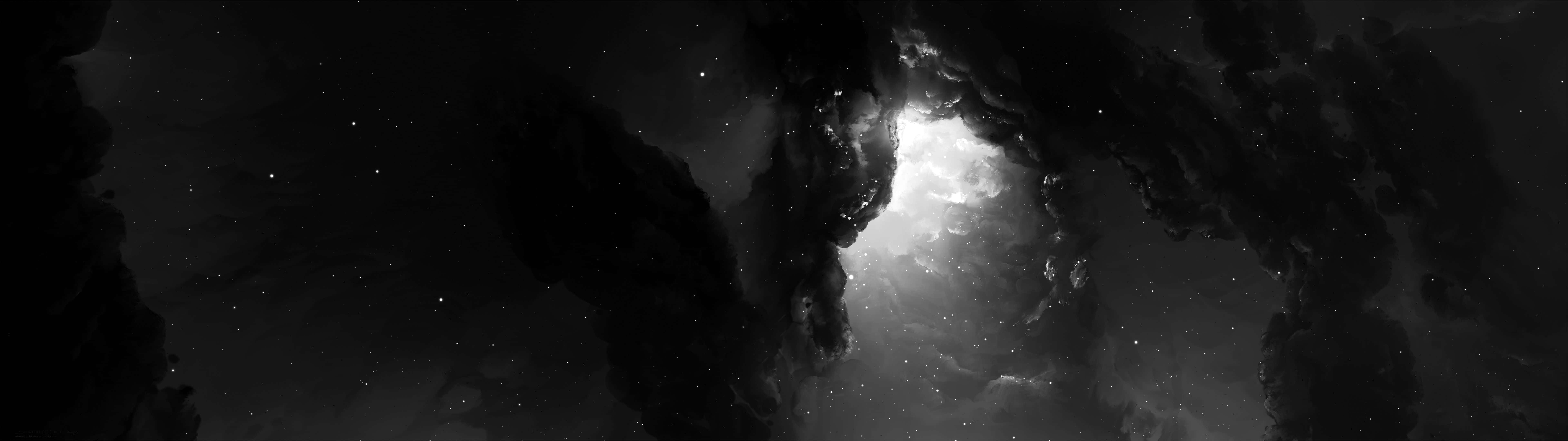 A Black And White Image Of A Cave With Stars Wallpaper