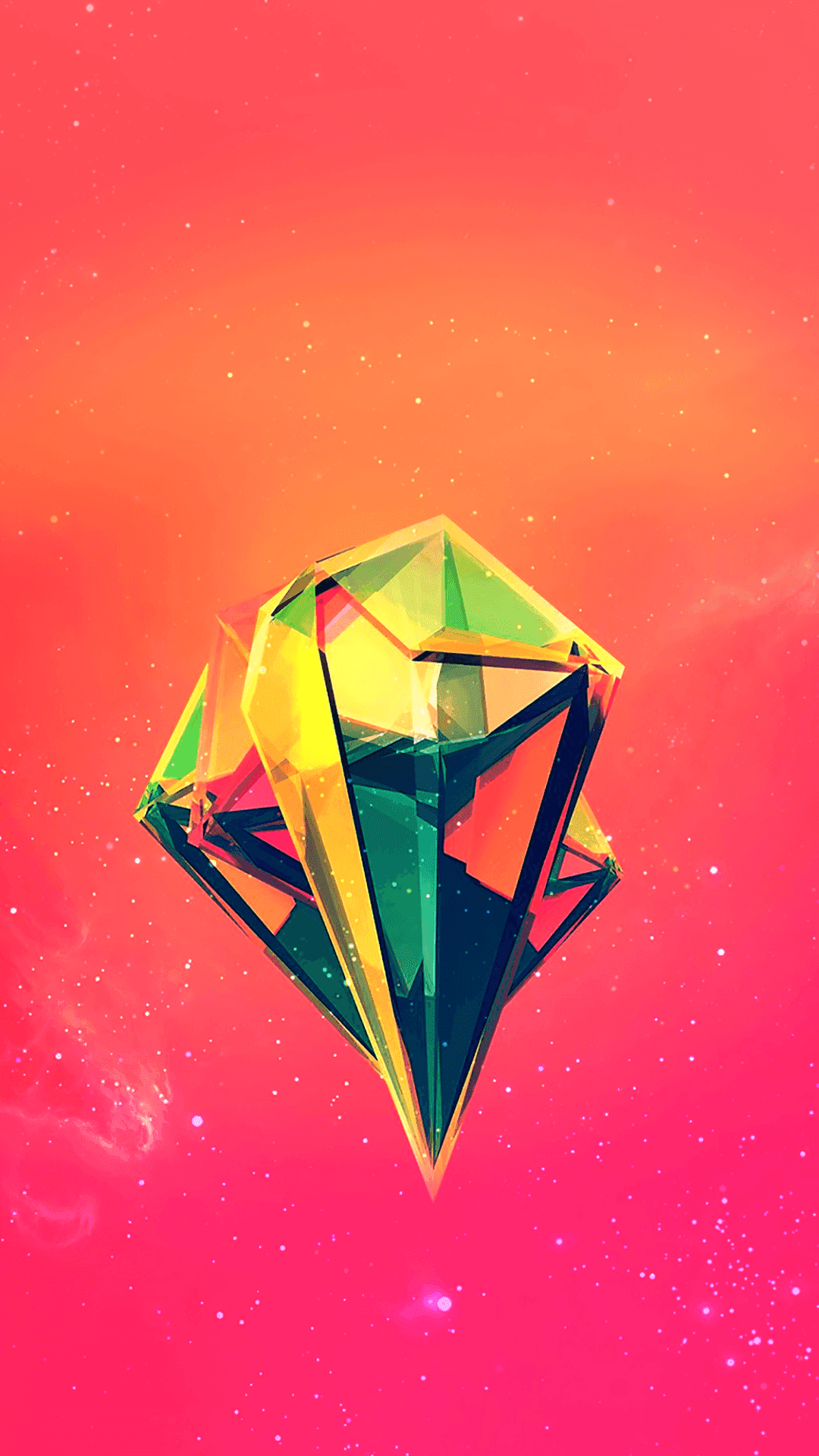 Colorful and Eye-Catching Multicolor Background — A radiant geometric diamond floats in a vibrant pink and orange cosmic sky dotted with stars.