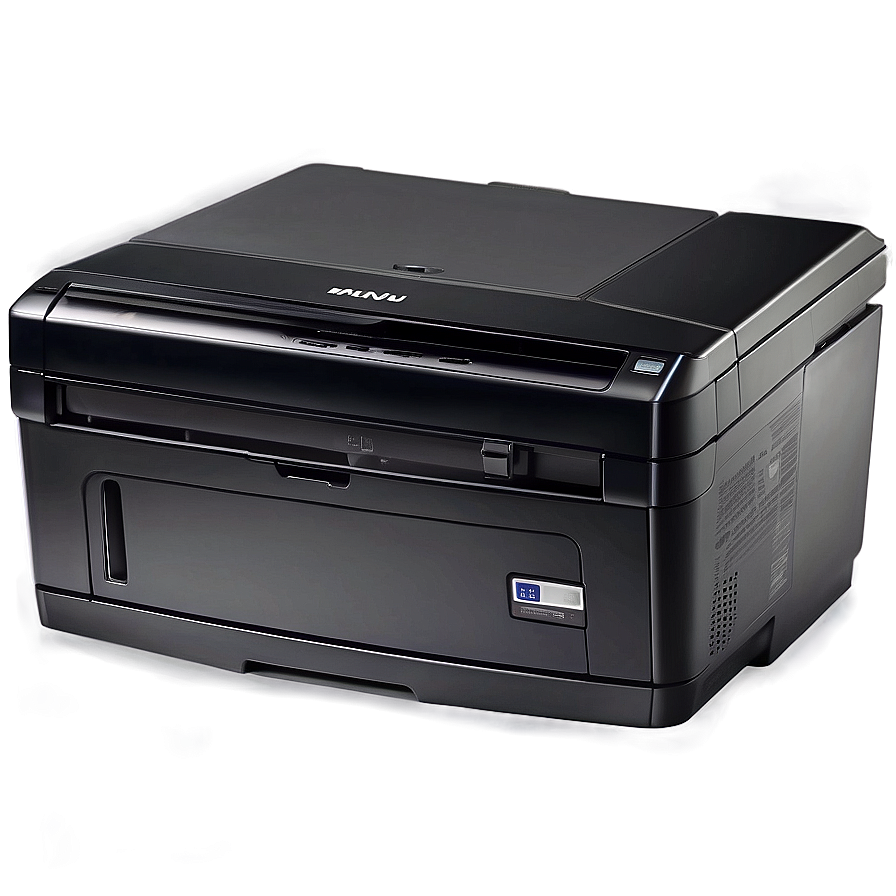 Multifunction Printer Scanner PNG 75 PNG — A sleek black multifunction printer with a glossy finish sits against a moody gradient background with soft glowing edges.