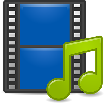 Multimedia Icon PNG — A blue film strip icon with a green musical note symbol beside it.