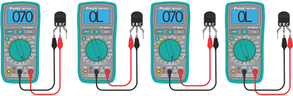 Four digital multimeters showing 070 and OL readings with probes connected to EBC terminals.
