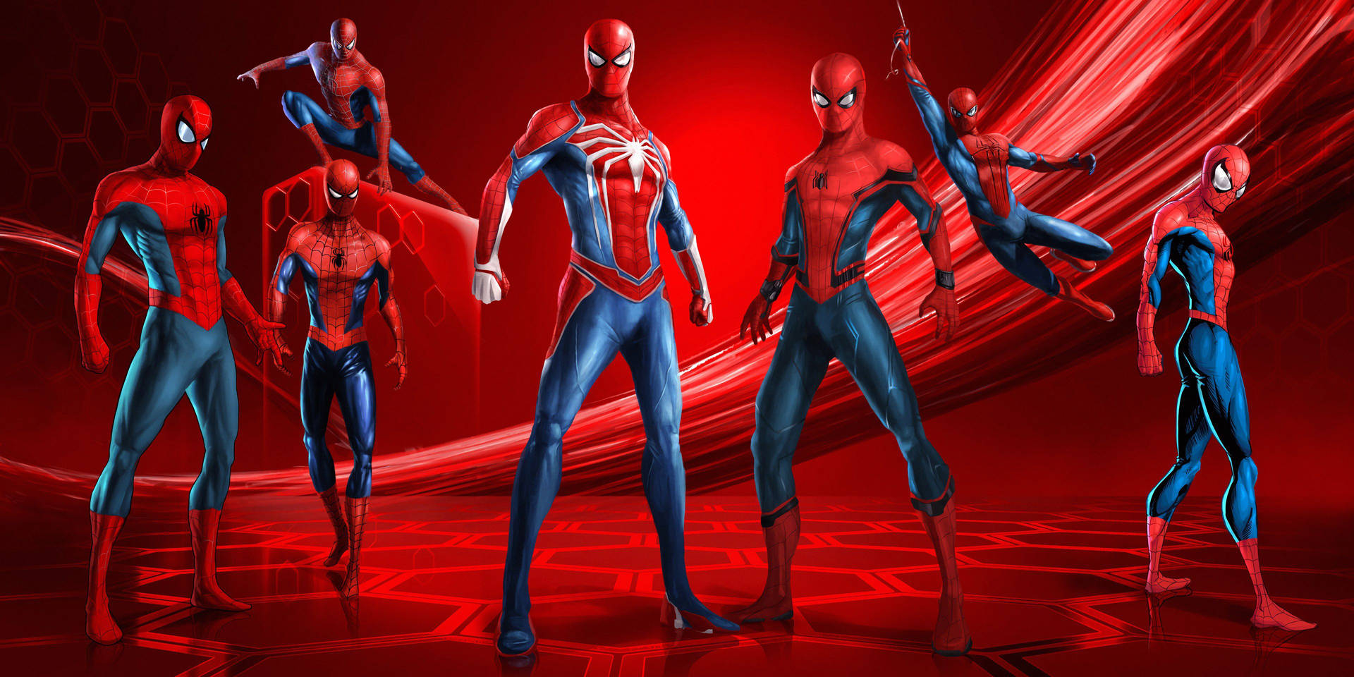Multiple standing and hanging Spiderman in a red background, Marvel superheroes.