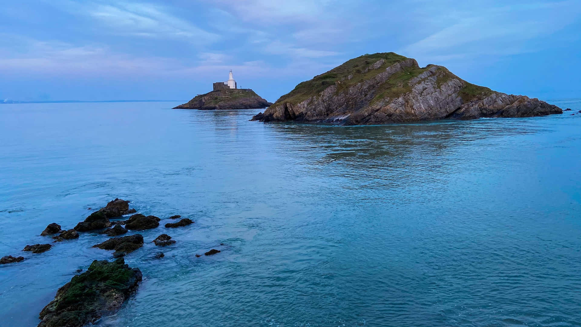 Mumbles Vuurtoren Swansea Dusk Achtergrond