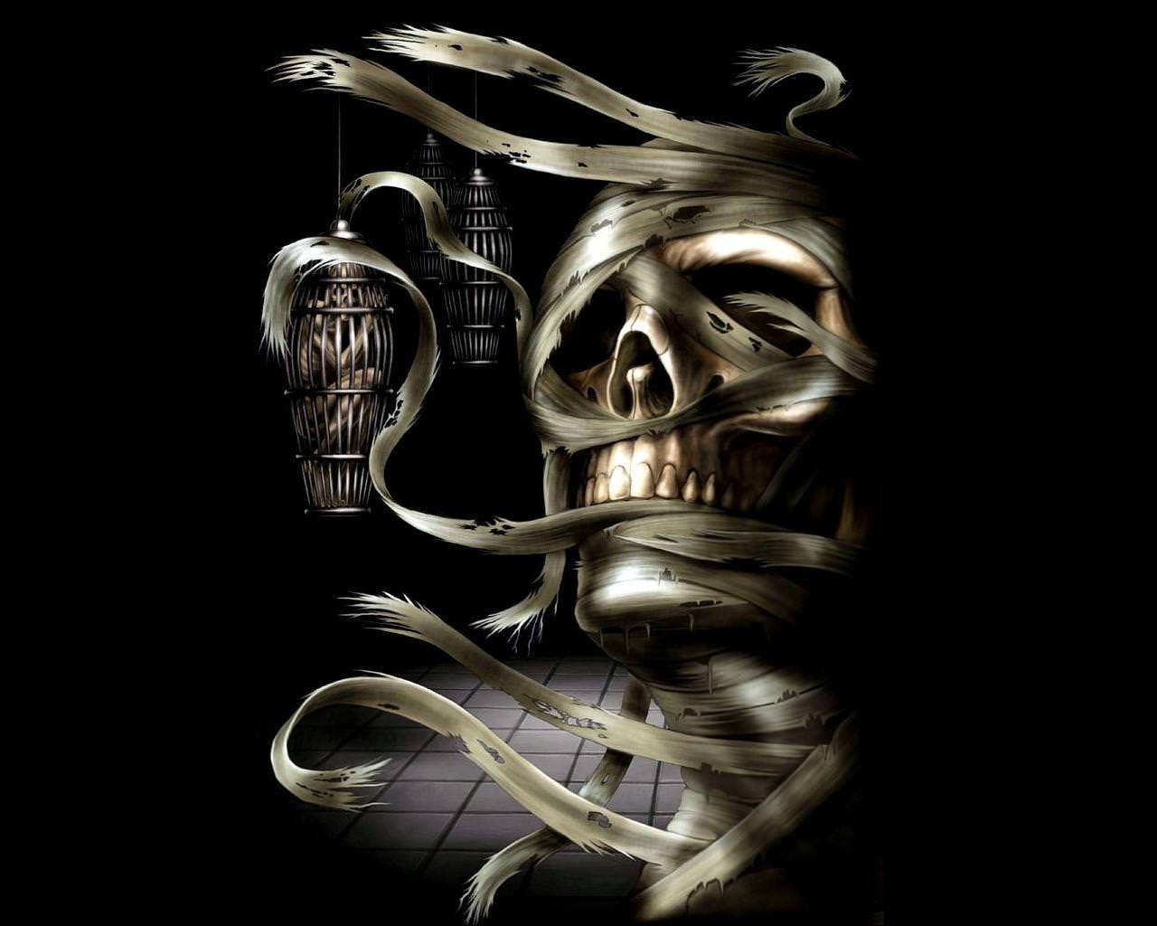 An illustration of a Mummy Skull with Flames Blazing Wallpaper