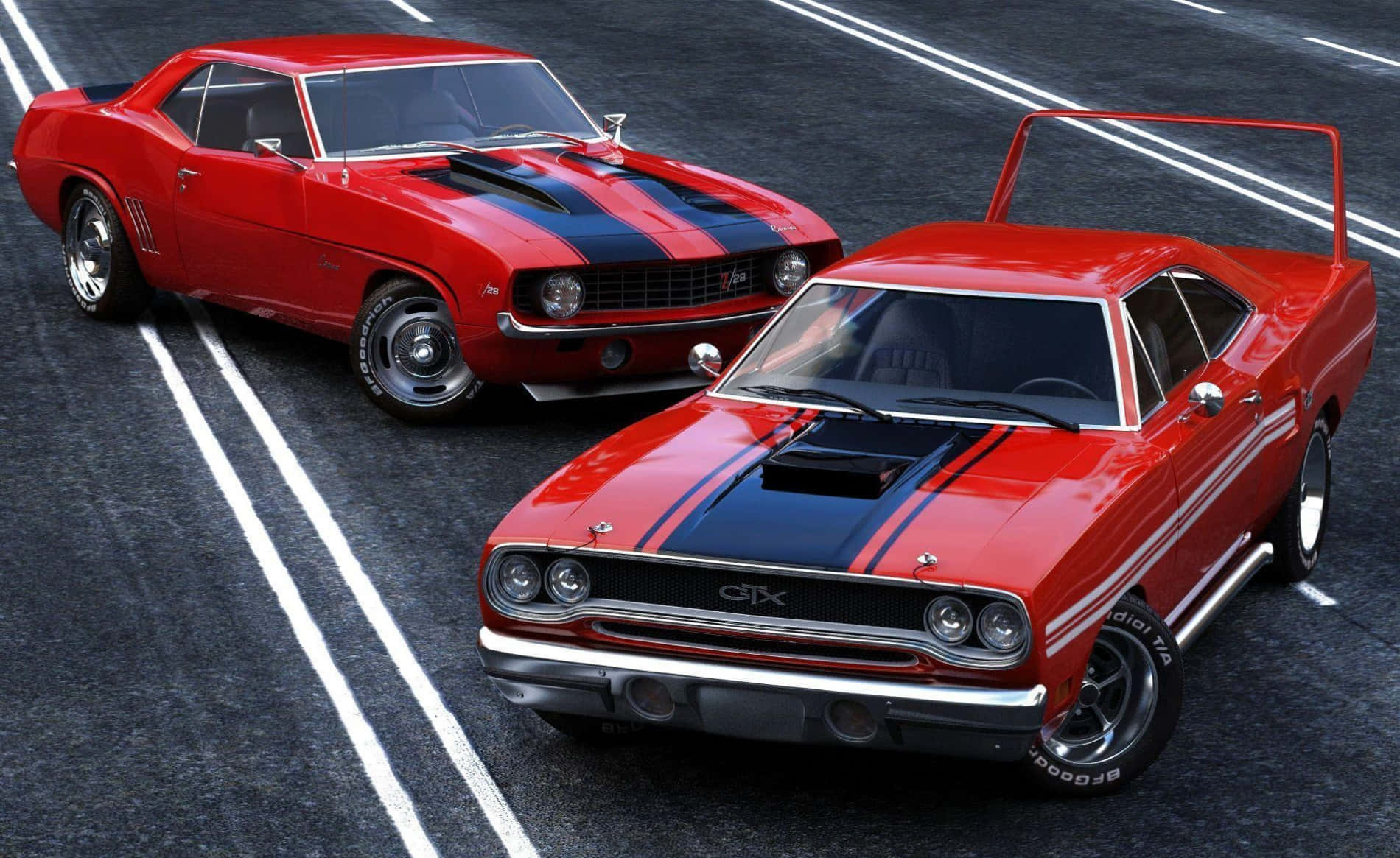 Two Red Muscle Cars On The Road