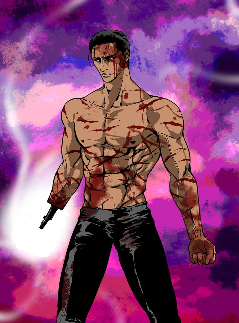 Muscled Anime Character Bloody Battle Stance Wallpaper
