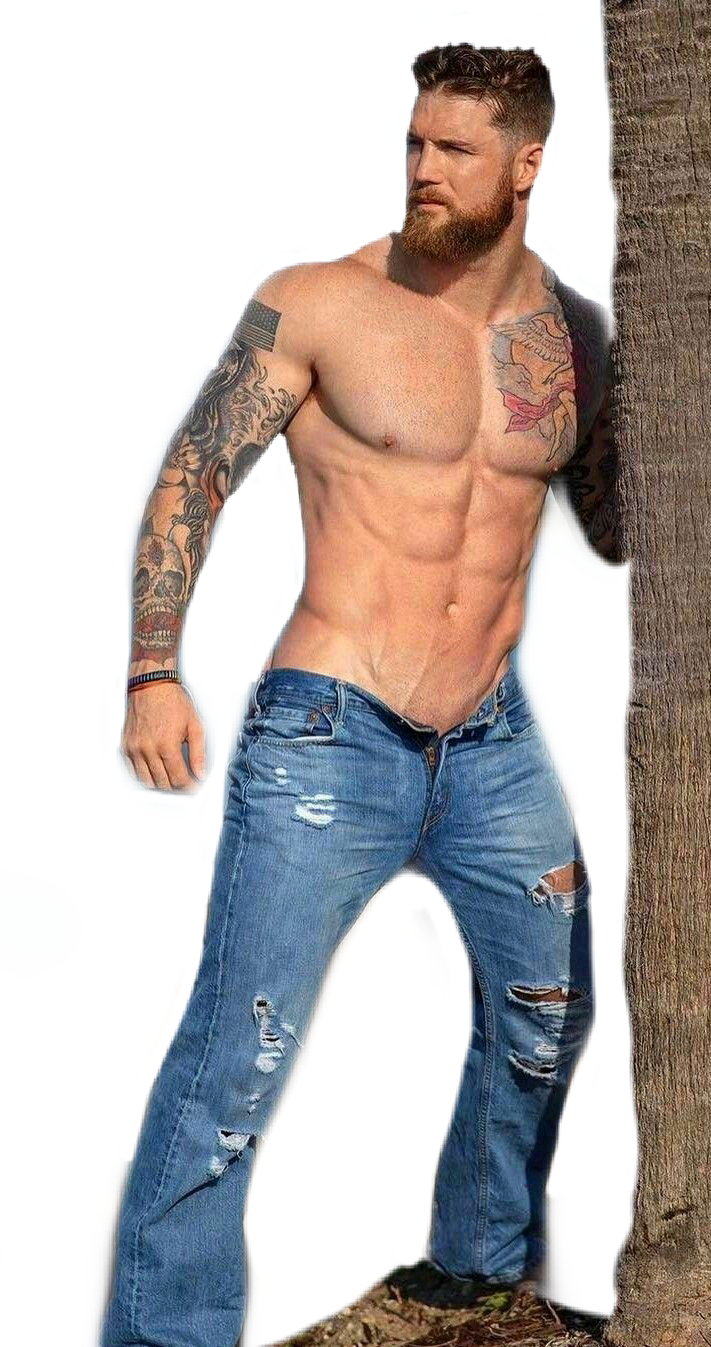 Muscled Tattooed Man Leaning Against Tree PNG