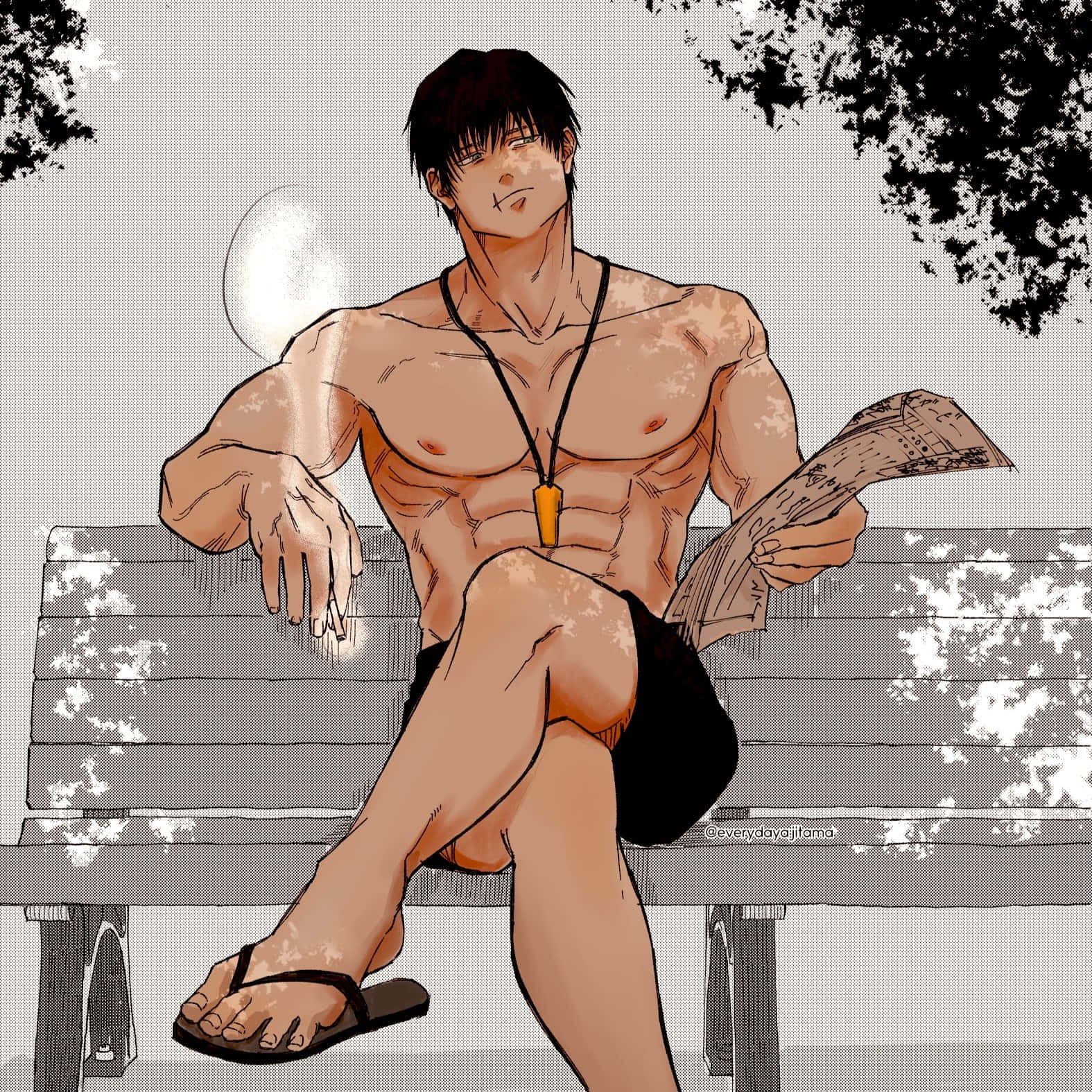 Muscular Anime Character Readingon Bench Wallpaper