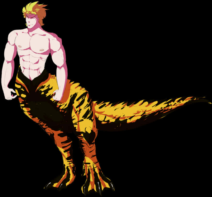 Muscular Anime Characterwith Tiger Lower Body PNG