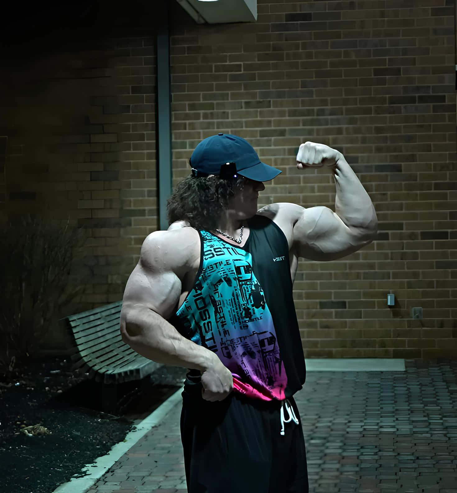 Muscular Man Flexing Biceps Outdoors Nighttime Wallpaper