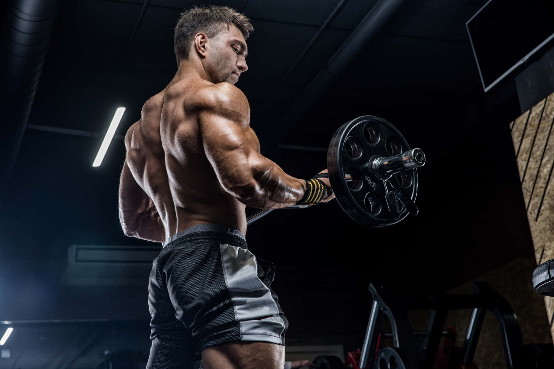 Muskuløs Mann Som Utfører Biceps Curls Gymtrening Bakgrunnsbildet