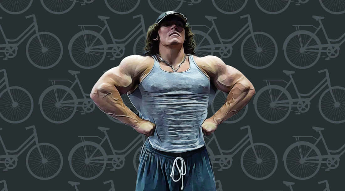 Muscular Man Posing Against Bicycle Background Wallpaper